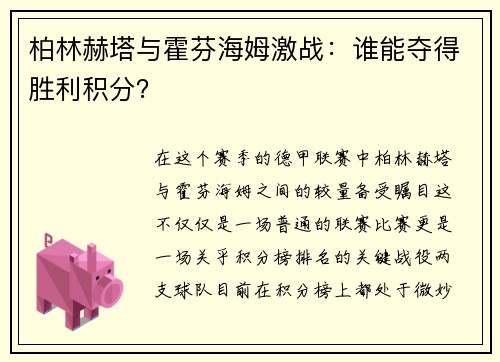 柏林赫塔与霍芬海姆激战：谁能夺得胜利积分？